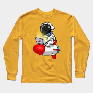 Cute Astronaut Working With Laptop On Rocket Cartoon Long Sleeve T-Shirt